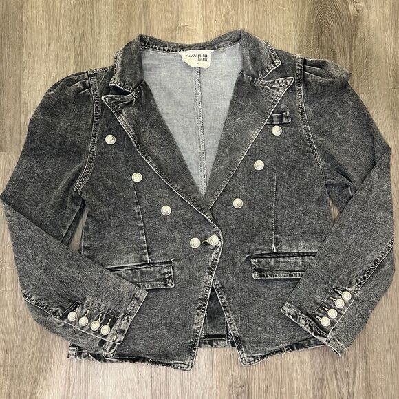 Boutique Collared Denim Jacket Military Puffed Sleeves With Buttons In Charcoal - Picture 2 of 8